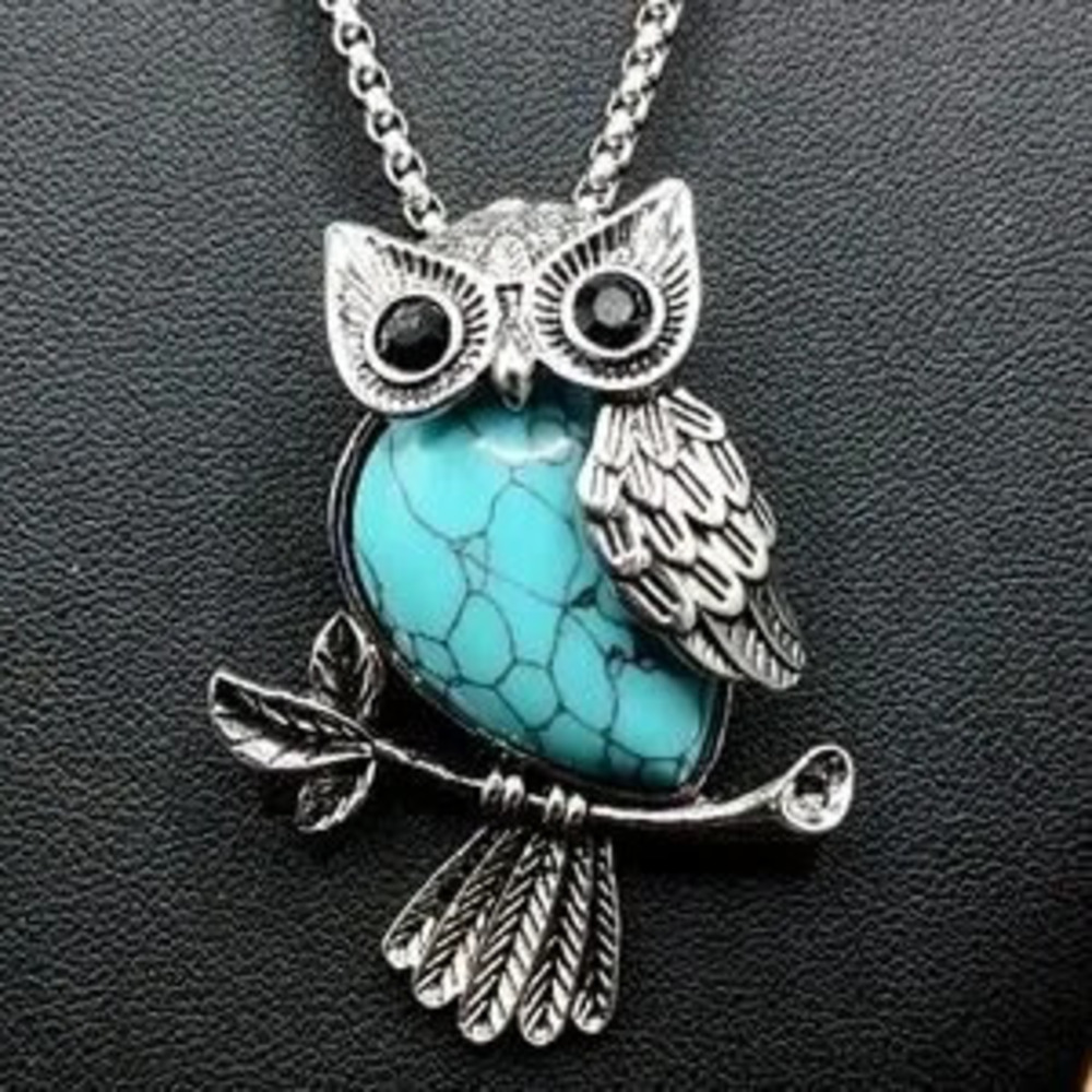 Silver & Blue Turquoise Owl Owl Necklace Bird Jewelry Women's Boho Vtg Fashion